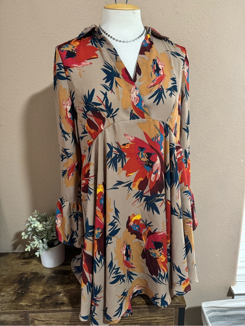 Umgee Taupe Floral Mini Dress with Red & Mustard Accents